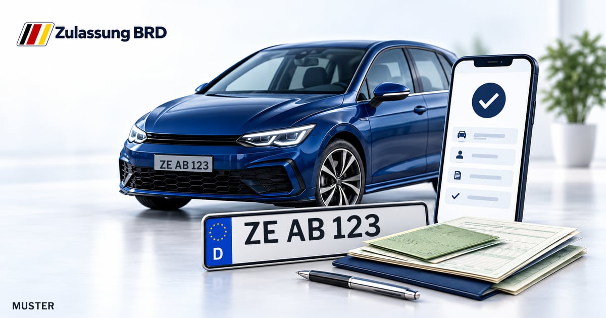 Online Fahrzeugzulassung in Zerbst/Anhalt: Musterkennzeichen ZE AB 123, Auto und Fahrzeugpapiere und Smartphone. Illustration mit Logo von Zulassung BRD.
